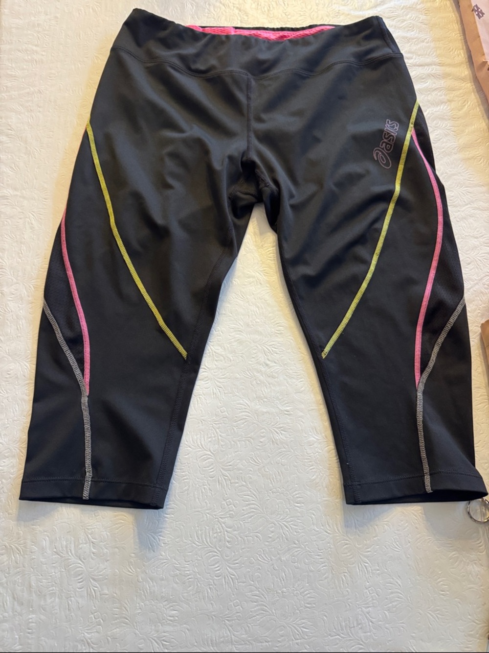 Asics Black Crop Leggings with Pink & Lime Piping  Medium